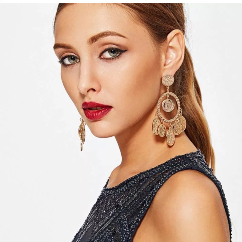 NEW Gold Hoop Coin Dangling Boho Earrings - Picture 3 of 5